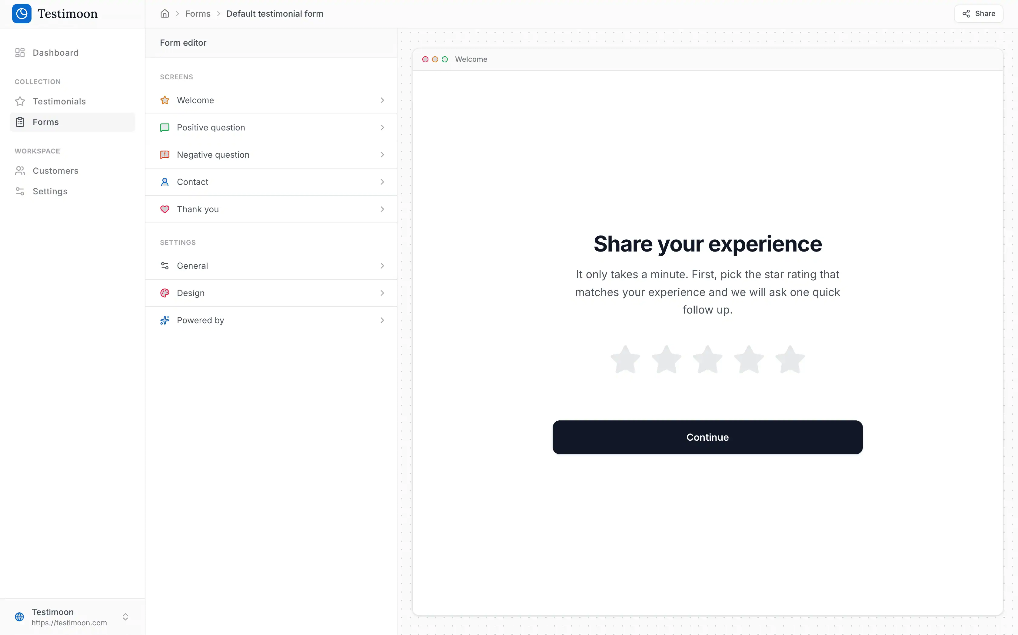 Testimoon dashboard preview